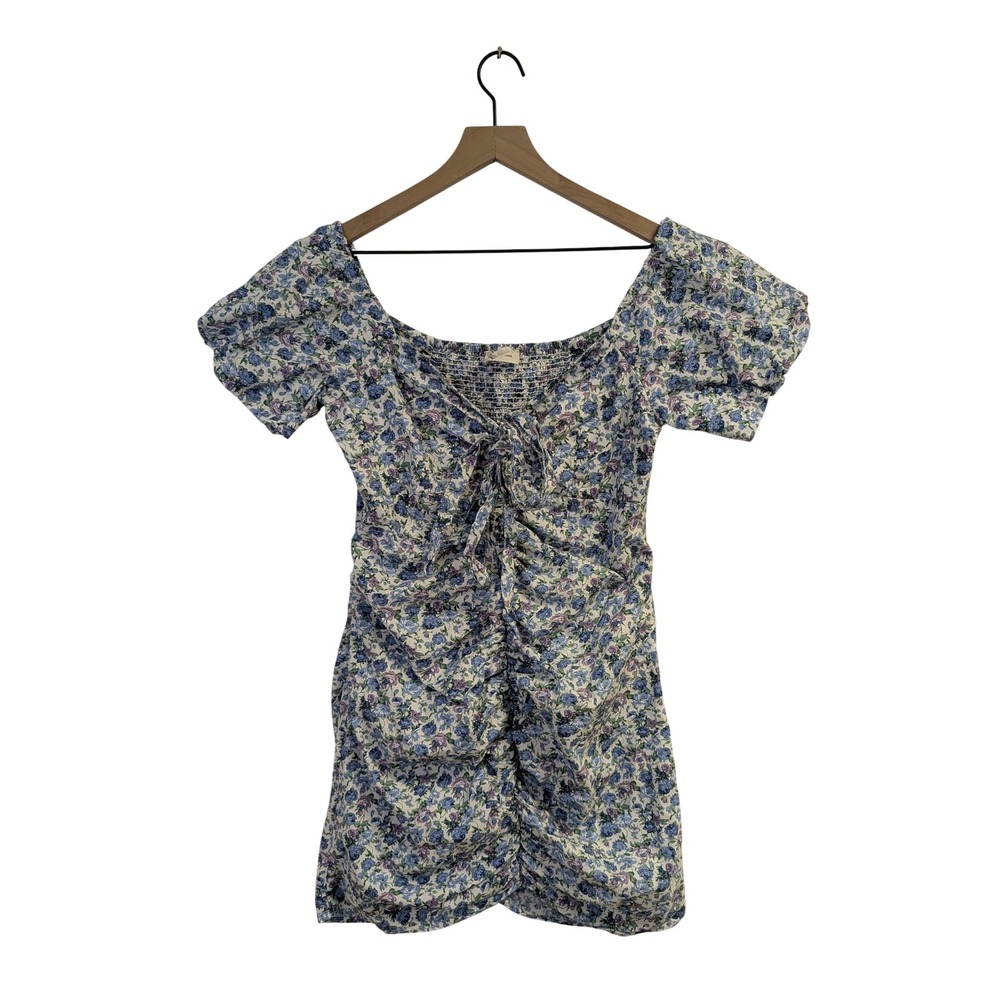 BSB Fashion Ruched Mini Dress Bubble Sleeve Dainty Feminine Blue Floral Large‎